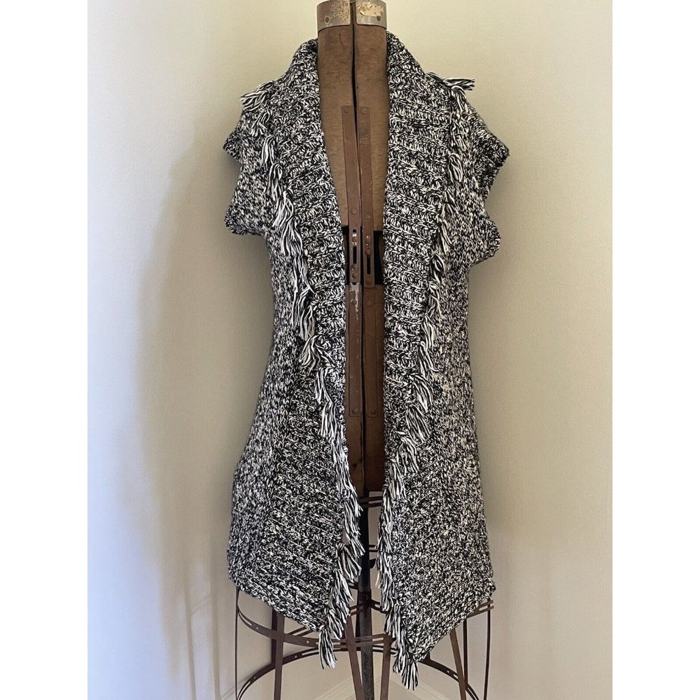 Chico's Sweater Cardigan Vest Crochet Cotton Black White 2 Large Open